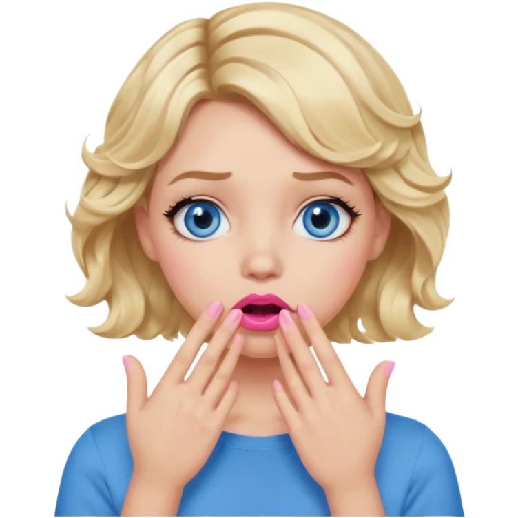Girl Blonde short wavy hair,  blue eyes, cute blue top, long lashes, pink lips, shocked, hand over the mouth emoji