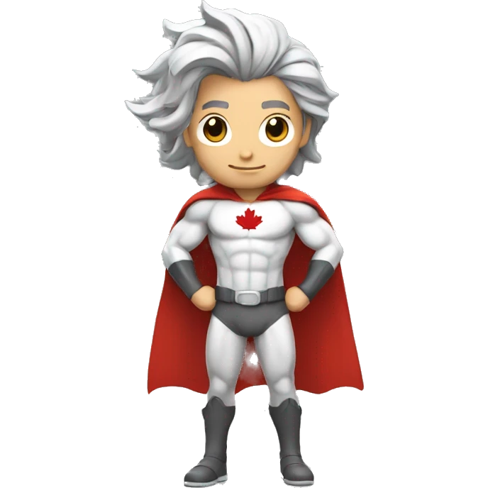 a male canadian superhero wearing red and white clothes that has a mapple leaf on chest and long dark grey hair in a ponytail emoji