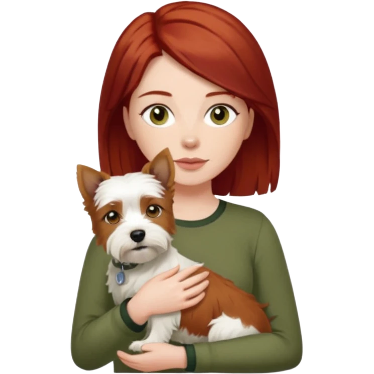 Westhighland white terrier dog being held by woman with dark shoulder length red hair and hazel eye wearing olive green top emoji
