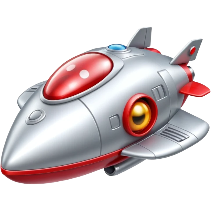 A silver and red toy spaceship with big eyes and a smiling face emoji