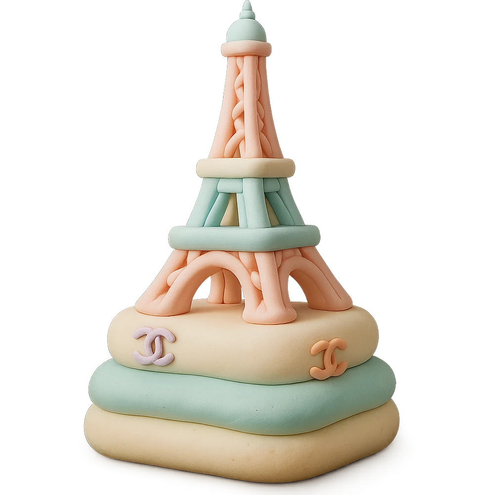 pastel fondant cake art style Chanel éclair tower with logo decorations emoji