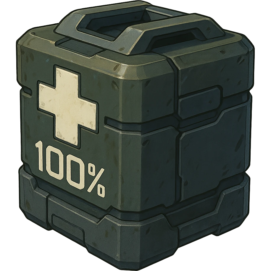 the image is the icon for a videogame insta-use item, it is a medkit, medic kit, %100, fututistic cyberpunk, style of: "HALO:  Reach" , quake, Marathon emoji