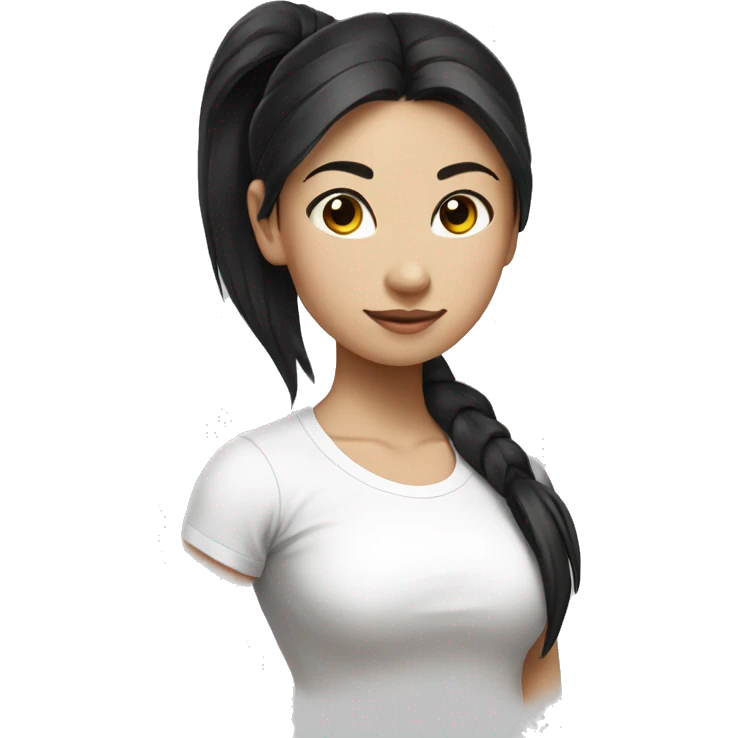 A asian girl with black pony tail white tee shirt yoga emoji