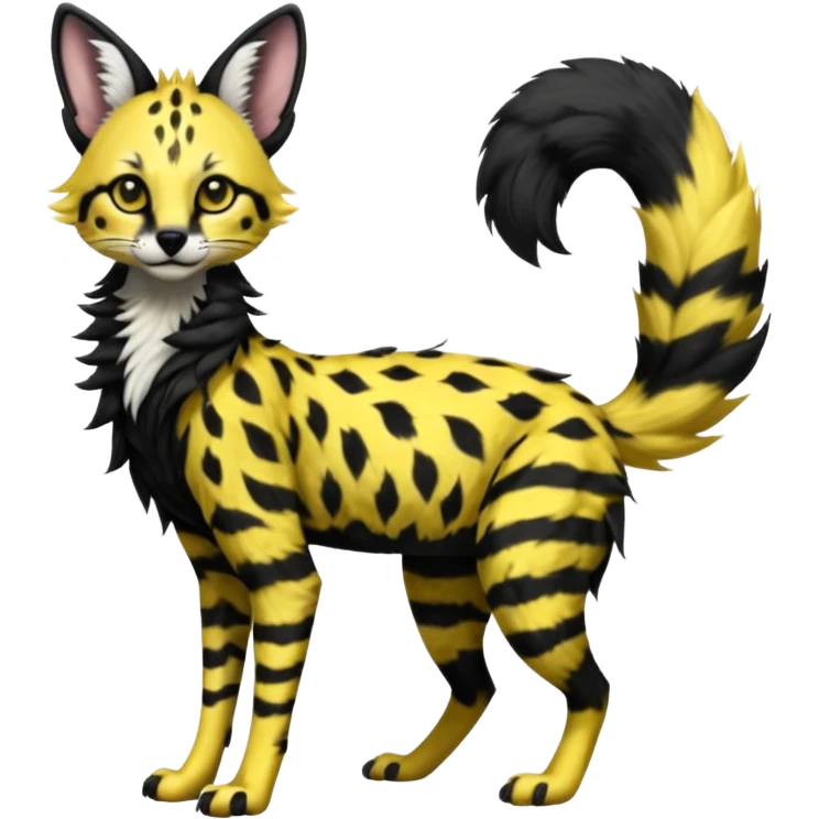 Edgy cool beautiful elegant spotted hype-realistic, black-maned, vibrant yellow Genet-Serval-Sergal-Margay-Fox-fusion-hybrid-furry-fursona, black scruffy mane on back, long muzzle snout, full body, with a long puffy fluffy black-and-white-striped tail, black long big ears, with natural blue eyes emoji