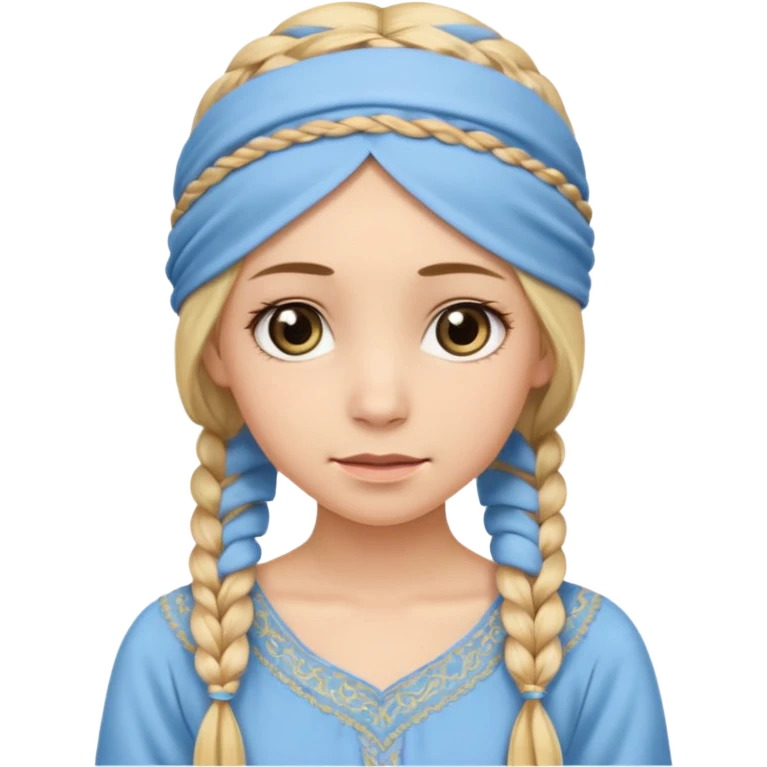 
mujer, Joven, de aspecto dulce y elegante.
Piel clara, ojos grandes y expresivos, sonrisa triste.
Rubio o castaño claro, largo, con trenzas o velo.
Vestido largo de tonos suaves (blanco, azul o lavanda), con bordados dorados; toca fina cubriendo la cabeza
 emoji