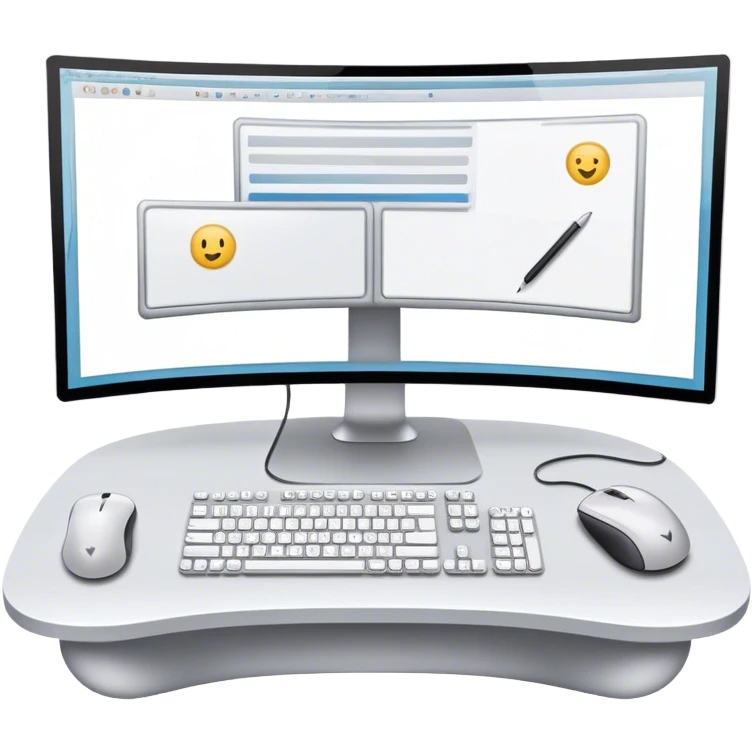 Create an emoji for UX/UI design. Two large curved monitors placed next to each other, displaying design mockups or wireframes. A mouse, keyboard, and stylus to symbolize the tools used in the design process. Do not include any emojis or smiley faces. Background transparent. emoji