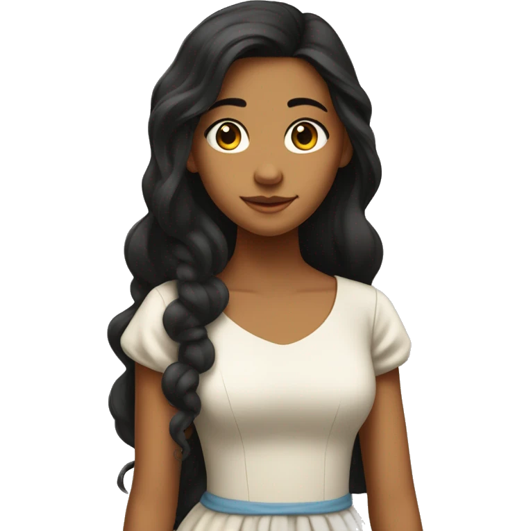 A 16-year-old girl is wearing a long dress, with a tanned skin, writing, with long black hair reaching her chest, and frizzy hair emoji
