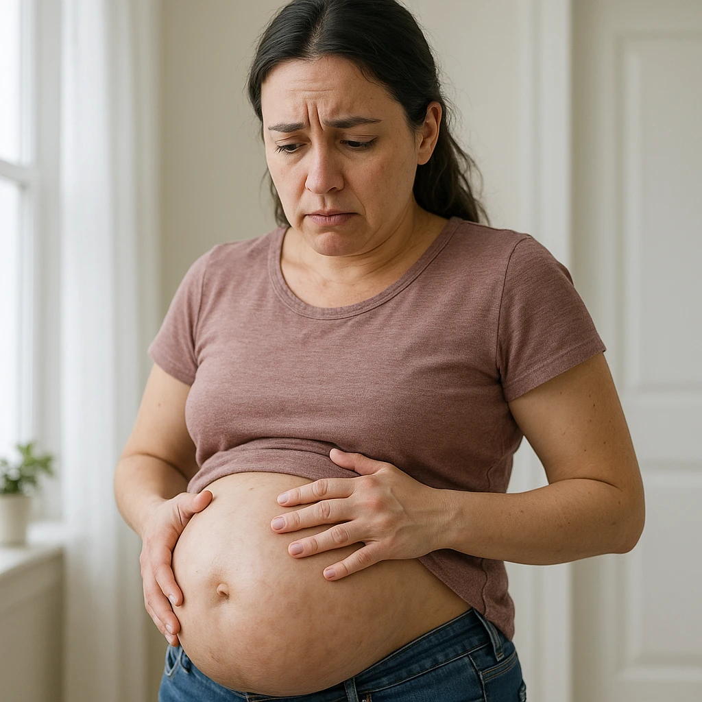 realistic woman with a swollen belly due to intestinal parasites, expression of discomfort or worry, clear and informative atmosphere emoji