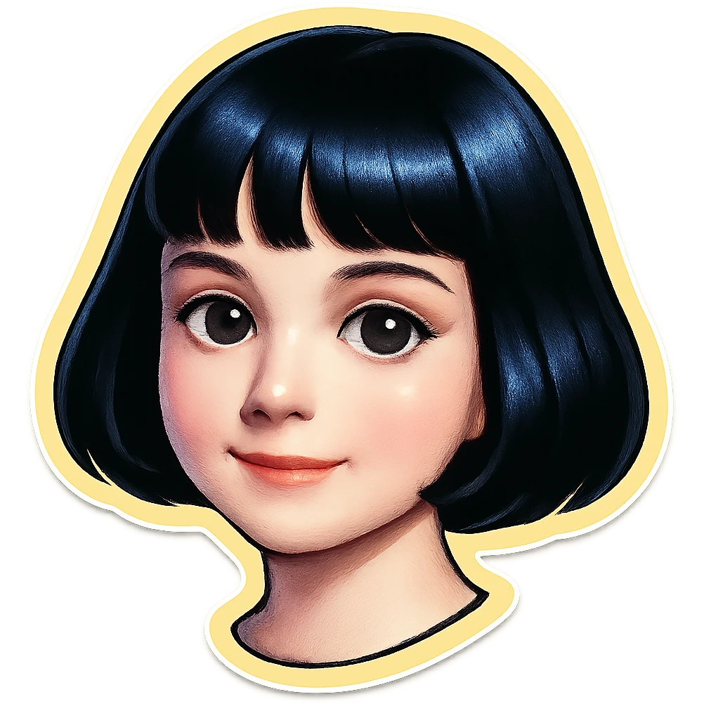 young girl with pale skin, black bob haircut, light makeup, big eyes, slight smile, neat facial features, Telegram sticker style, head only without neck, white background emoji
