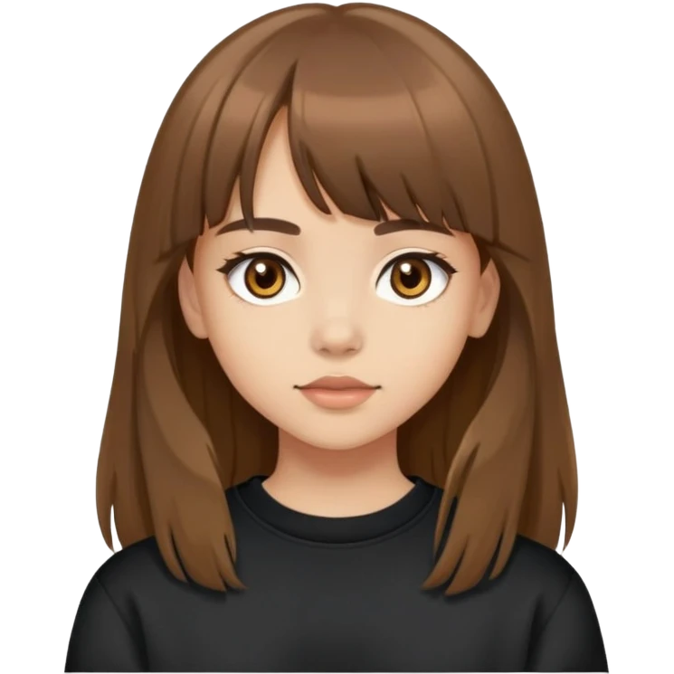 Light skinned girl with brown eyes, long brown hair with bangs, wearing a black sweatshirt emoji
