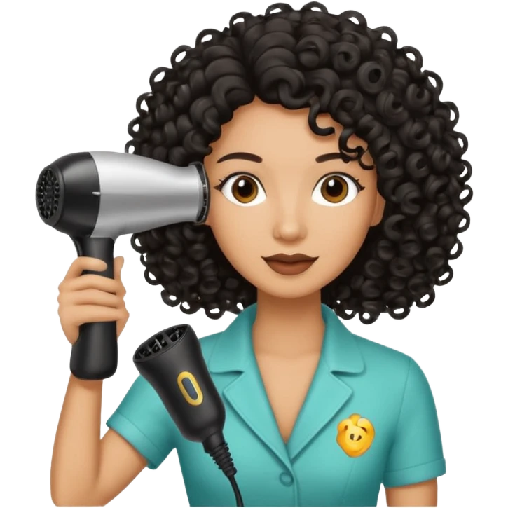 Parrucchiera con il phon in mano e la scritta coiffeur assunta capelli neri e ricci emoji