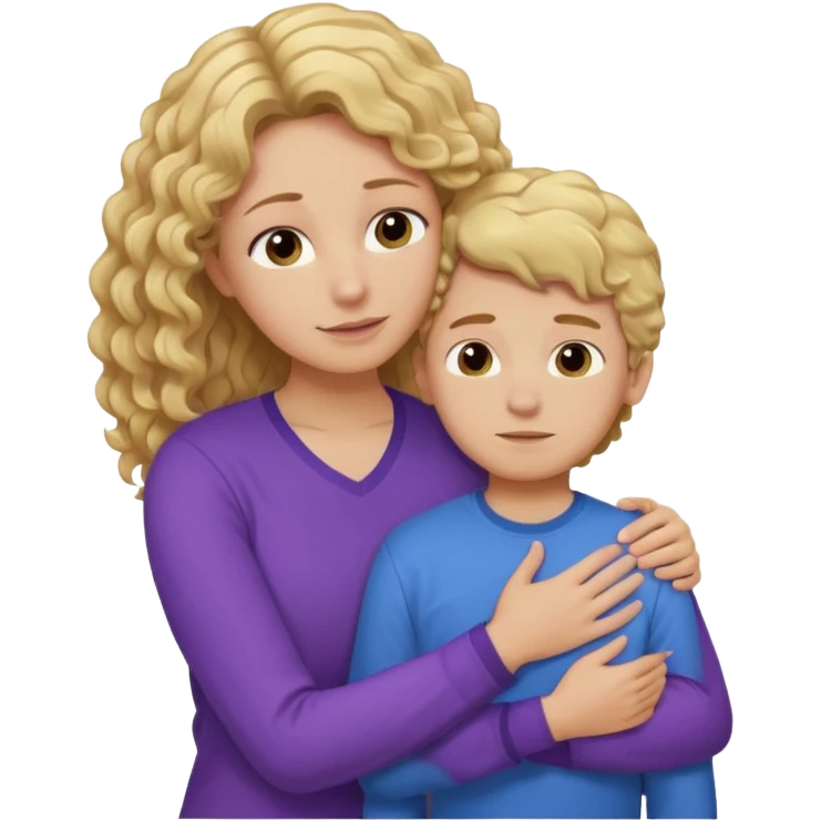 a mother with blond curly long wearing purple hugging his son with brown hair wearing blue and like saying its okay emoji
