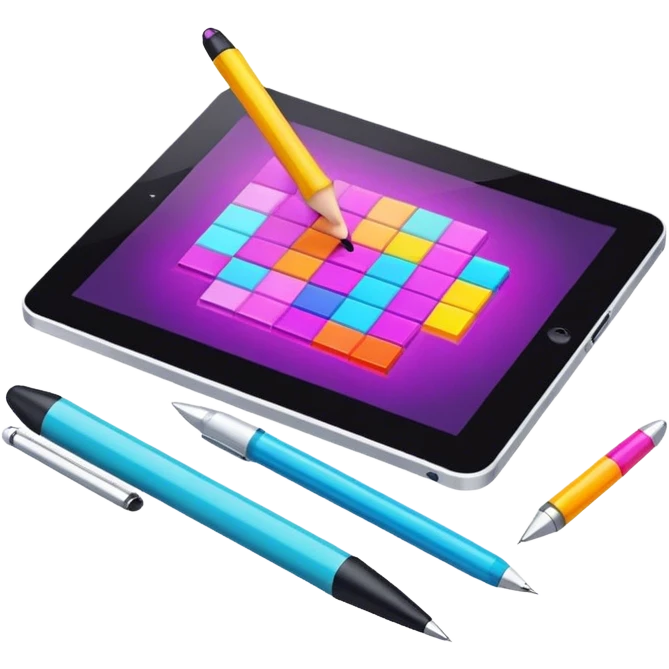 Computer graphics icon, digital design tools like a stylus, tablet, pixelated image, vibrant colors, minimalistic style, clean lines, transparent background. emoji