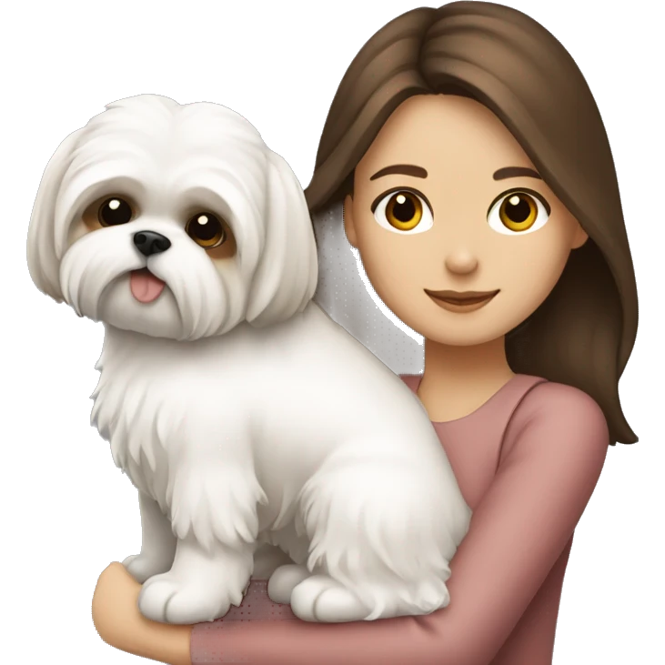 Girl Brunette  with brown long hair, hugging her white Shih tzu emoji