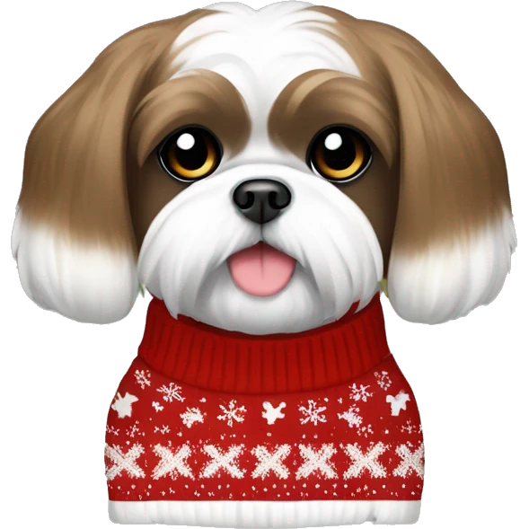 Brown and white Shih Tzu bow in hair wearing Christmas sweater emoji