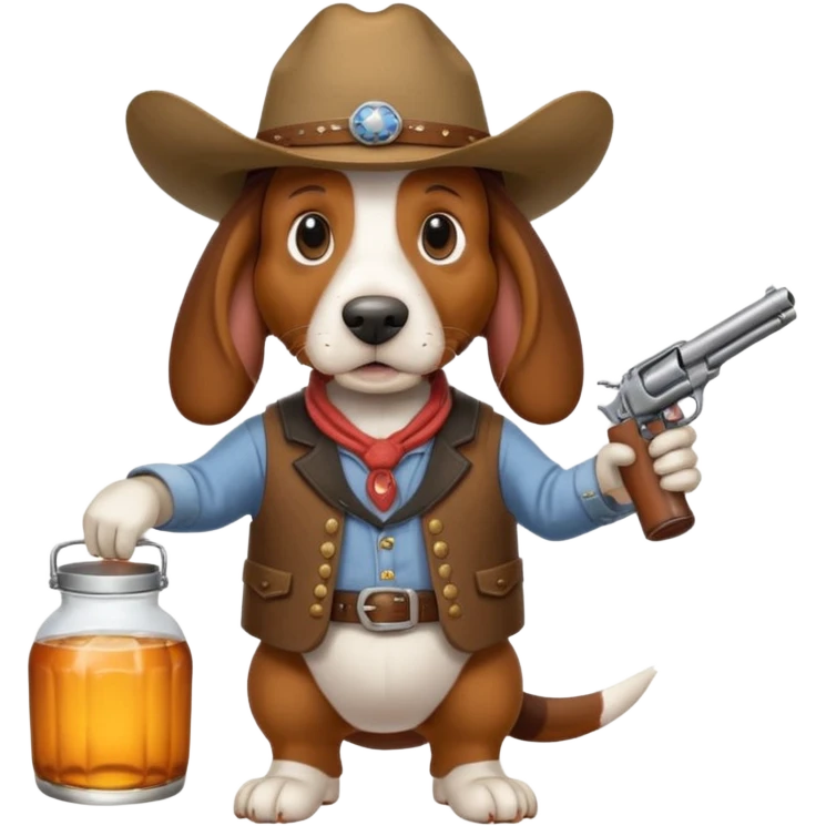 hillbilly basset hound with cowboy hat moonshine and a gun emoji