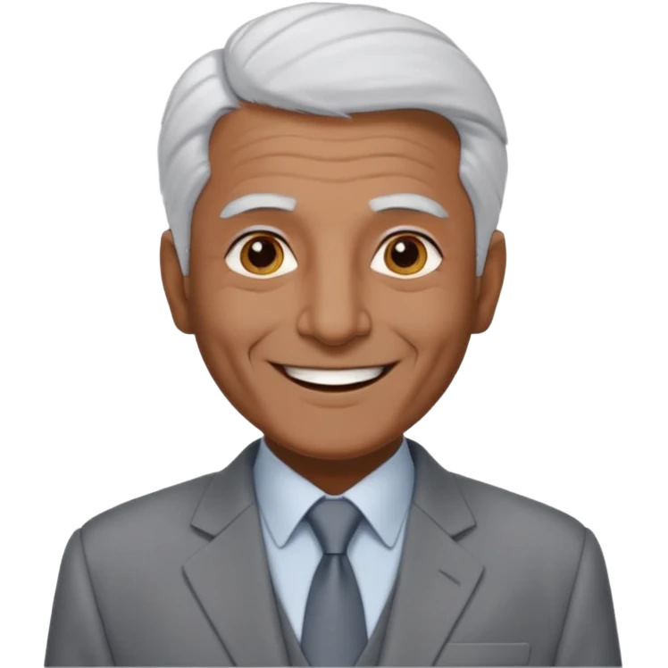 70 yr old man, very short spike white hair, pakistani, light grey business suit, big smile, dark skin, no facial hair, less hair
 emoji