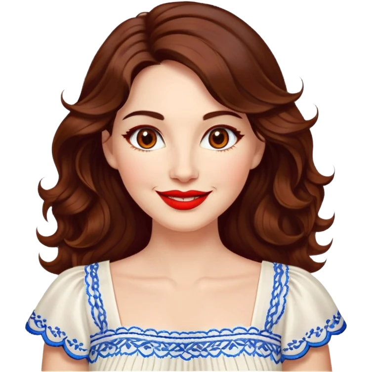 Artistic woman in her 40s with bright complexion, round face, big lively light brown eyes, wide friendly smile, vibrant red lips, voluminous wavy dark brown hair to shoulders, white summery dress with blue embroidery and electric blue neckline emoji