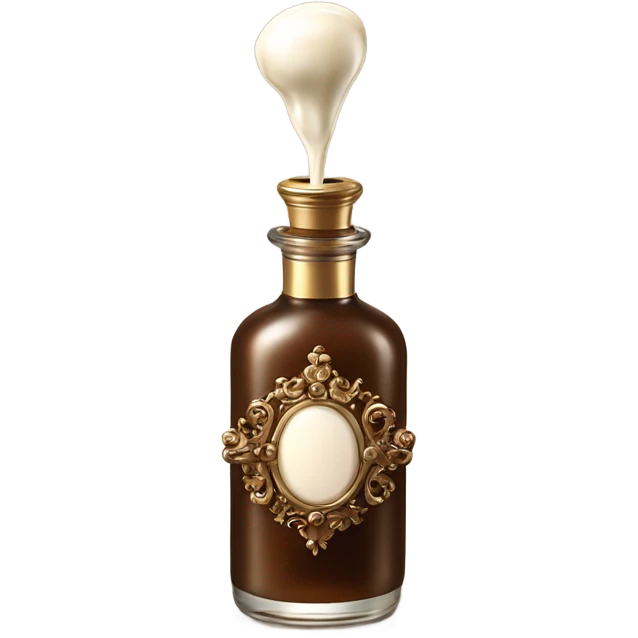 Antique parfumerie bottle with oil, made of bronze and brown crystals, white cream and coffee milk pour from the bottle emoji