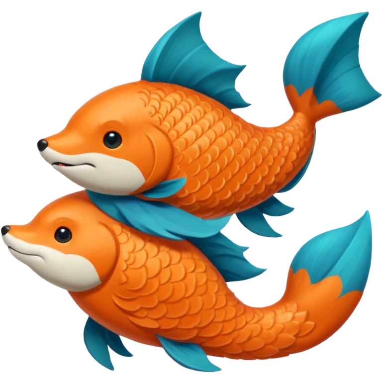 An orange fish and a teal blue fox, that are hugging or cuddling each other emoji
