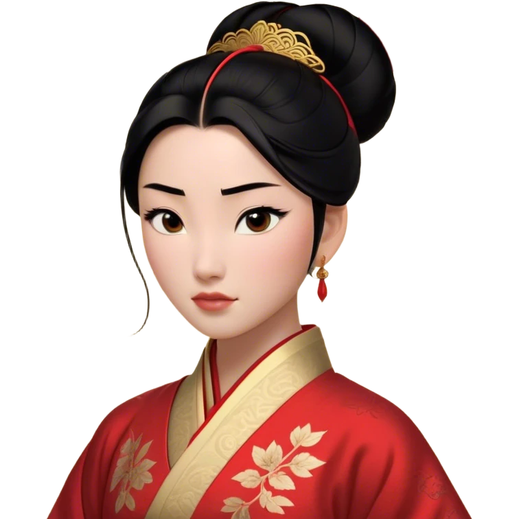 Cinematic Realistic Majestic Mulan Portrait, featuring finely rendered light skin with natural luminescence and expressive, determined eyes. Her black hair is styled with care into an elegant bun, and every fold of her traditional robe—adorned with subtle red motifs and refined gold trim—is depicted with intricate fabric detail. The scene is bathed in soft, natural light that enhances the depth and authenticity of the image, conveying a noble and serene aura that embodies timeless elegance and inner fortitude. emoji