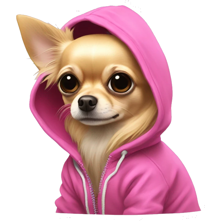   wirey fur long haired blonde chihuahua in a huge pink hoodie emoji
