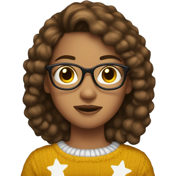A girl brown hair glasses baggy jeans and a christmas sweater with a little yellow star between two eyebrows emoji