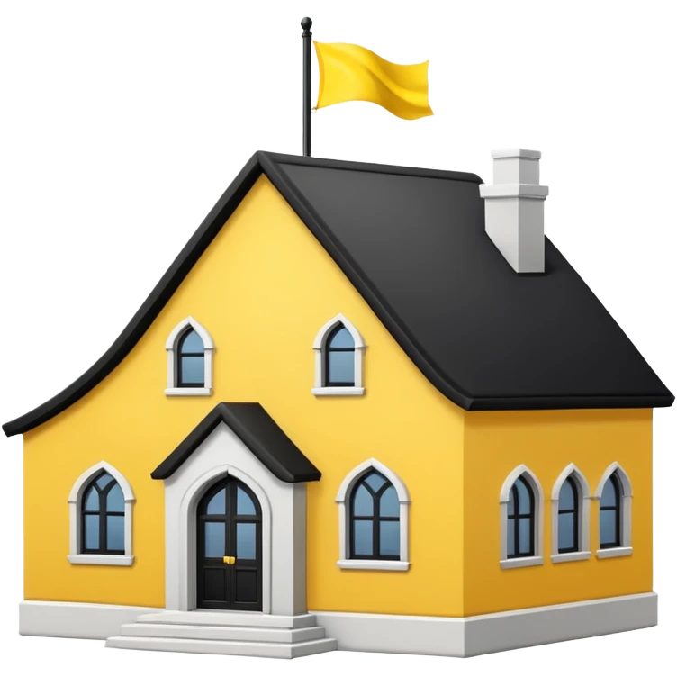 simple magic school, low detail, white background, magic school, black roof, with a big flag, big flag on a roof, big yellow flag, white school emoji
