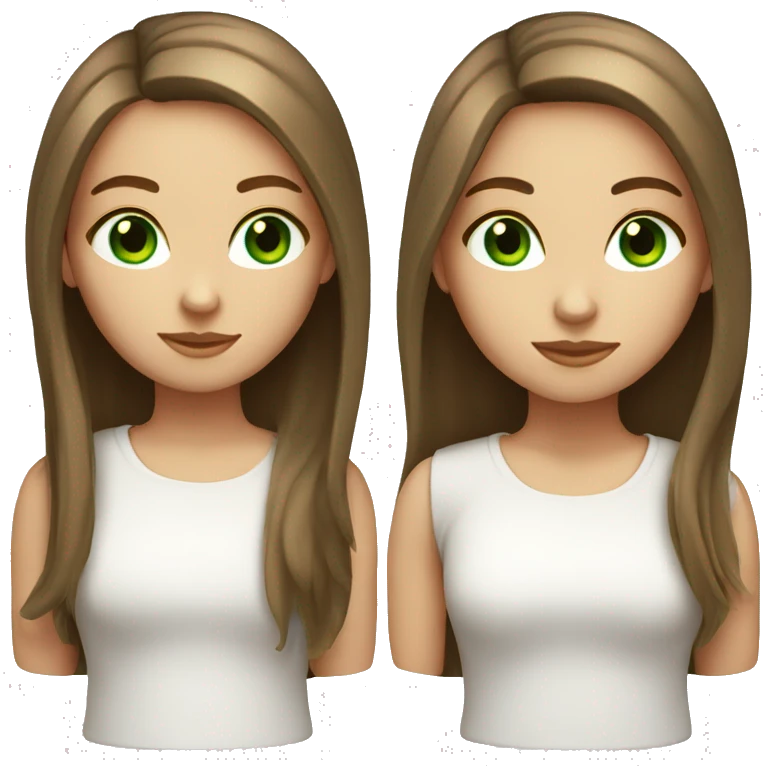 White girl with long brown straight hair and green eyes, white shirt emoji