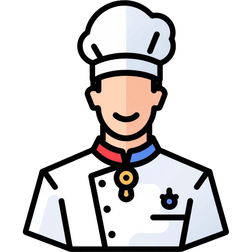 a pastry chef wearing the official uniform of Meilleurs Ouvriers de France (MOF) with a distinctive blue, white, and red collar, white chef coat, chef's hat, and medal emoji