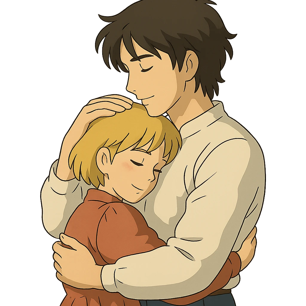 tall dark-haired male cuddling his short blonde girlfriend, ghibli style emoji