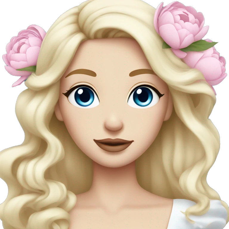 White bride with long light blonde hair and blue eyes with light pink peonies in hair white skin  emoji