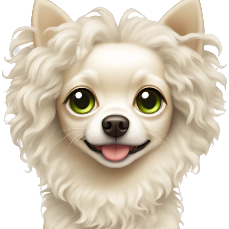White beige (fluffy) Chihuahua dog with a girl with curly hair and green eyes emoji