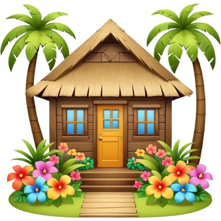 Hawaiian beach house, small tropical house, wooden walls, thatched roof, colorful flowers, palm trees, cute mobile game icon, 3D cartoon, bright colors, soft shadows, clean background, no text, no watermark emoji