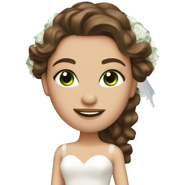 Bride with long wavy brown hair and green eyes  emoji