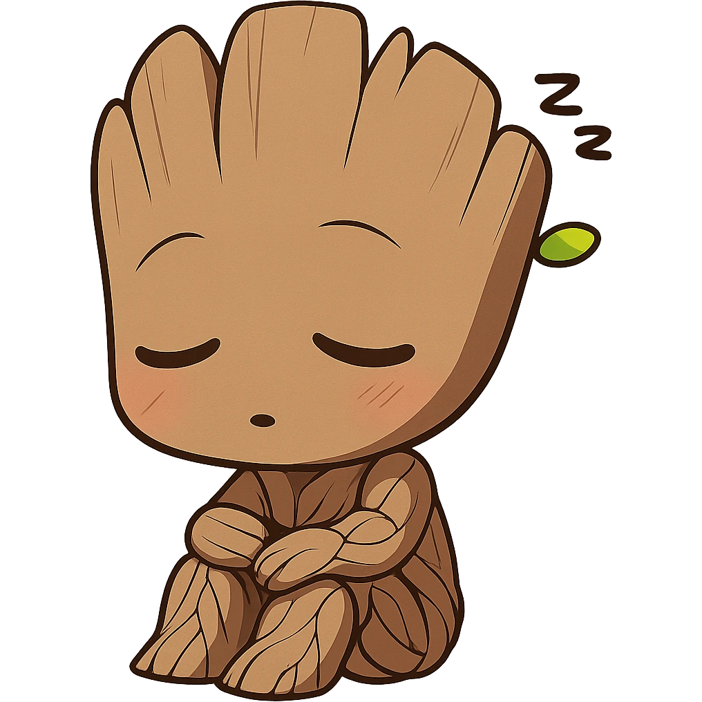 Make Groot more chibi sleeping in an anime style. Remove the background. emoji