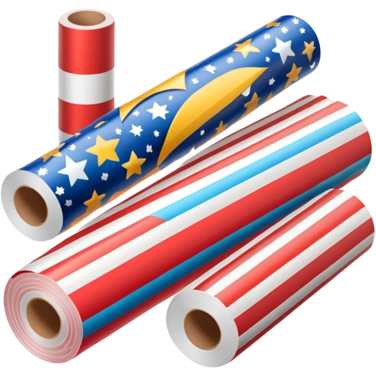 long cylindrical roll of glossy wrapping paper, partially unrolled, colorful pattern with stars, stripes, festive motifs, smooth reflective finish, crisp edges, visible cardboard tube at center, no scissors tape or ribbon, apple emoji style, soft lighting, subtle shadows, emoji scale emoji