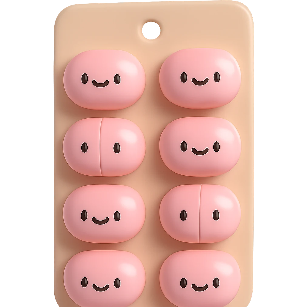 light pastel pink oval pills in a light beige blister pack, no background, vinyl figure 3D emoji style emoji