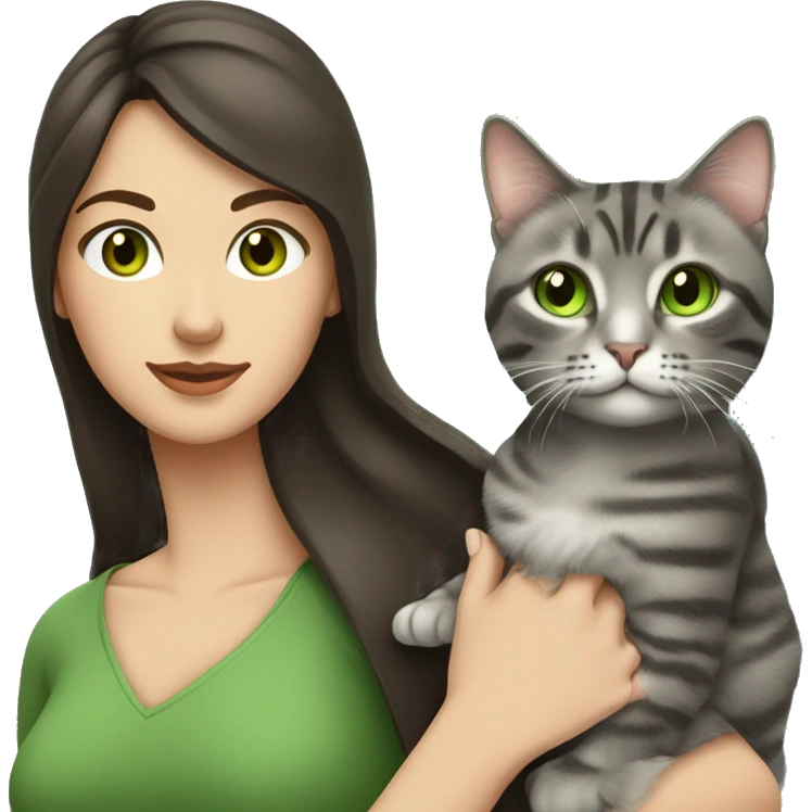 A woman with long dark brown hair and green eyes holds a gray tabby cat with green eyes in her arms emoji