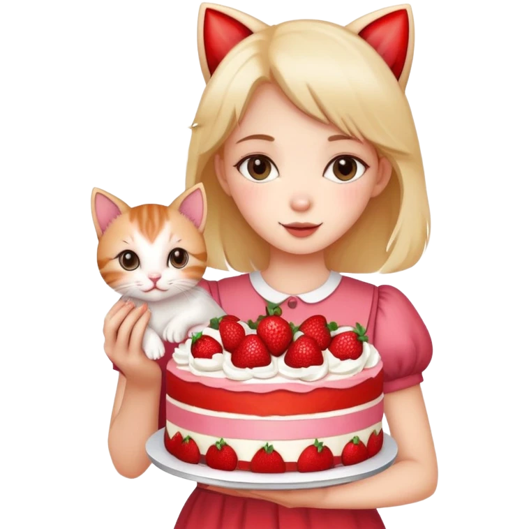 Beautiful girl holding a big strawberry cake and a kitten in her hands emoji