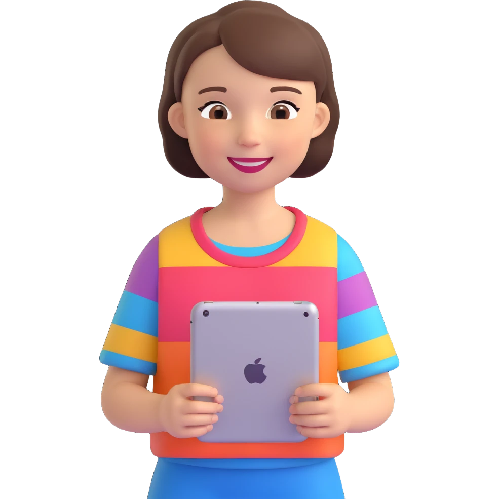 kid holding an iPad, smiling girl with short hair, colorful shirt emoji