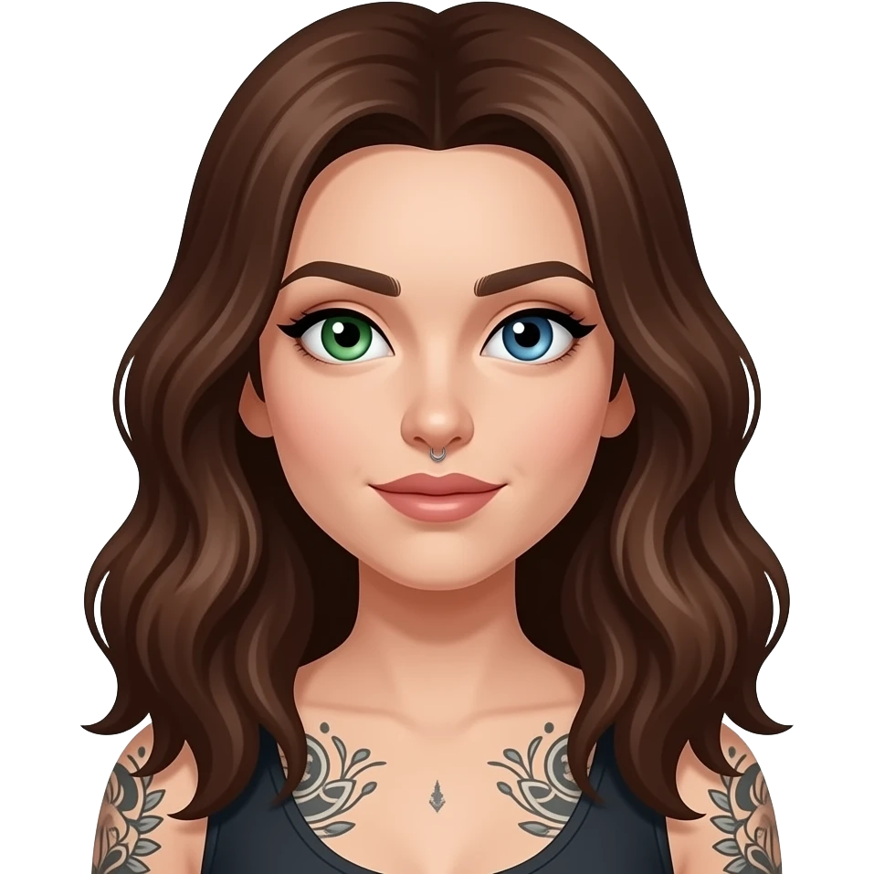 white long wavy haired brunette woman with one green eye one blue eye tattoos a philtrum piercing and a thin streak of grey hair emoji