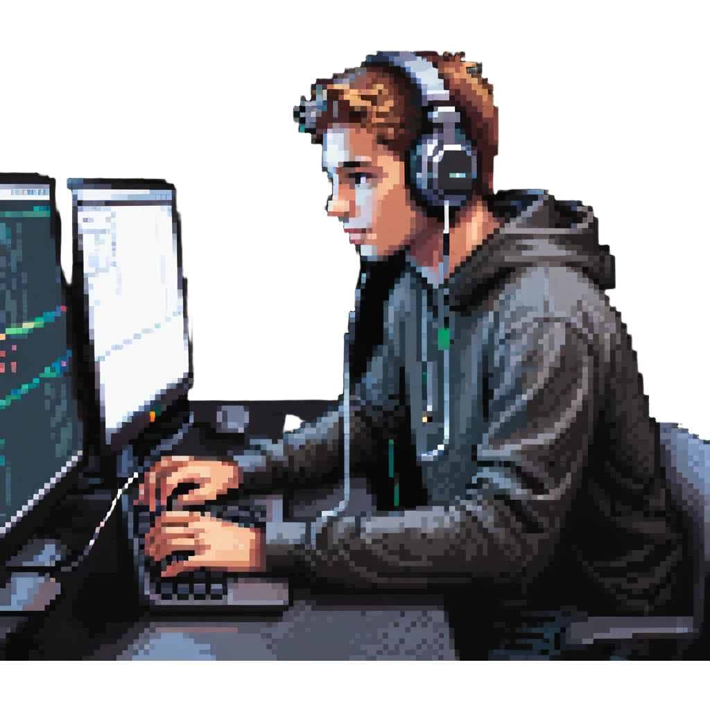 Person with headphones at computer desk recording video emoji