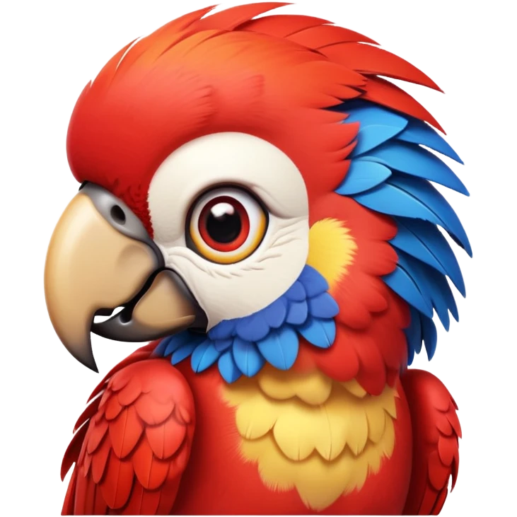 cinematic-cute-macaw-portrait-emoji,-head-tilted-playfully-and-inquisitively,-with-a-dazzling-red-plumage-and-round,-sparkling-eyes-filled-with-charm,-simplified-yet-irresistibly-adorable-features,-highly-detailed, white beak emoji