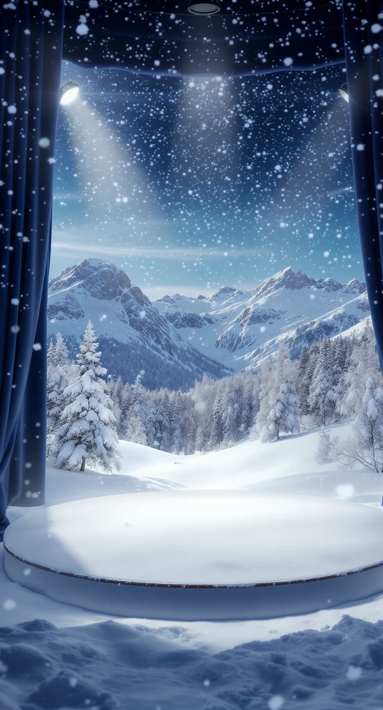 Cinematic still of a winter landcape, white circle stage on middle, snowy,christmas tree in snow, in background we can see beautifull snowy landscape, soft light, symmetrical, day --no curtains emoji