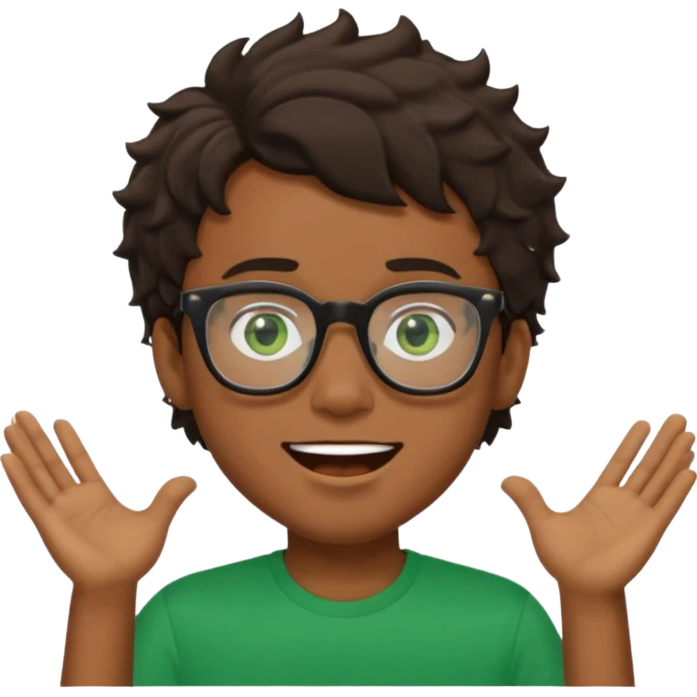 Garçon brun avec des cheveux ondulés courts, peu un peu claire, des yeux verts foncés, un t shirt noir et des lunettes rectangulaires transparentes qui est fou emoji