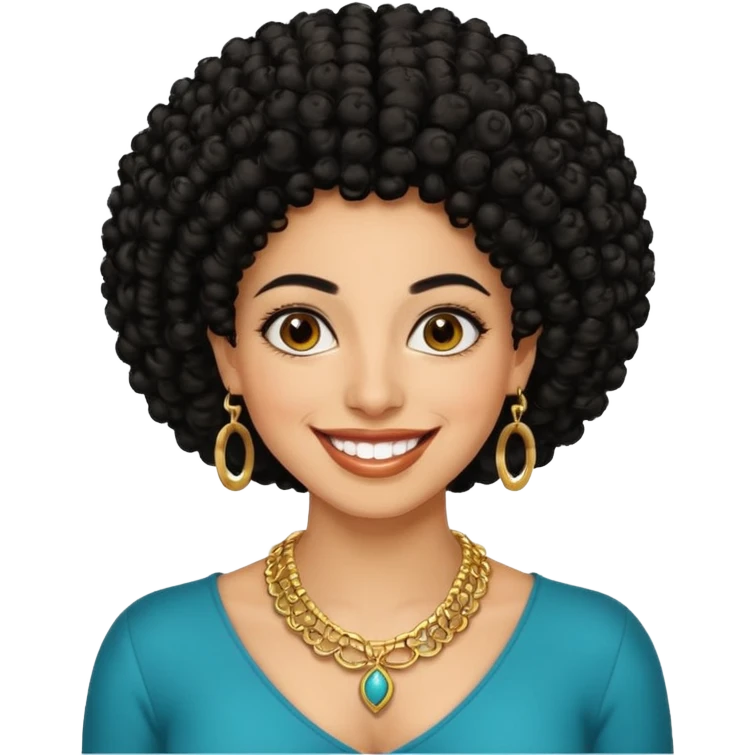 30 year old iranian woman very short curly black hair, big brown eyes, tanned skin, big smile, white teeth, pretty, afro emoji