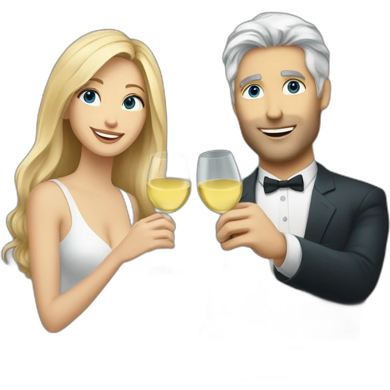 A white woman with brown eyes and blond medium long hair and a white man with blue eyes and grey hair, toasting with a glass of white wine emoji
