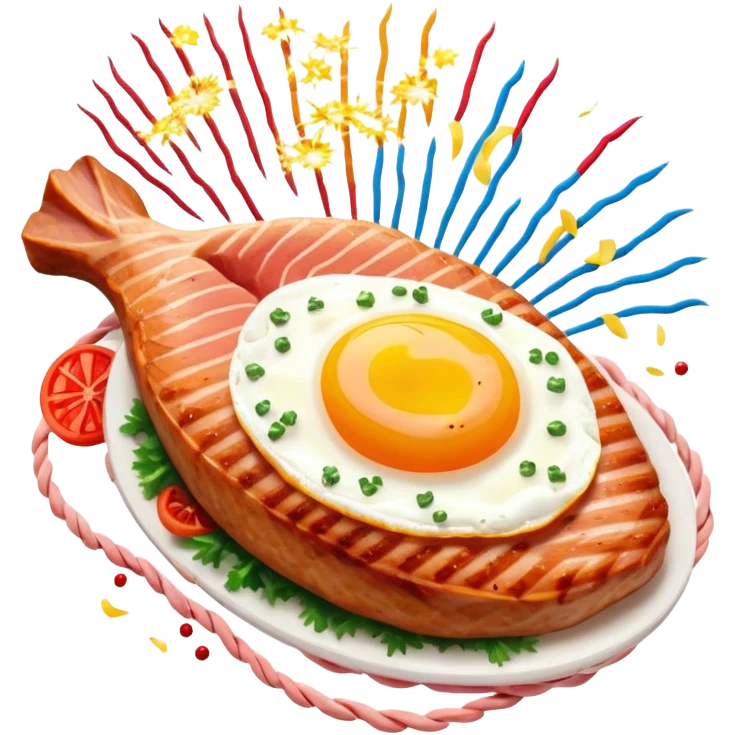 Protein party explosion with chicken breast, red meat steak, salmon fillet, and egg bursting upward from center like fireworks, with the largest chicken piece in front, DNA strands spiraling around them, and muscle silhouette in background emoji