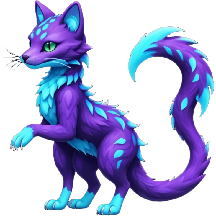 Kawaii dark edgy badass black and purple glowing neon bioluminescent fantasy feline-vernid-sergal-fursona animal creature with a tufted tail full body with intricate markings  emoji
